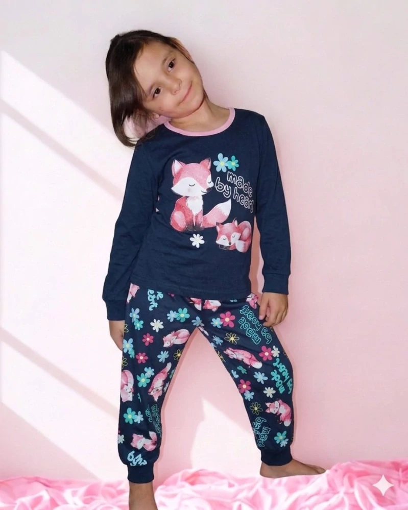 Bavlněné dívčí pyžamo Kugo MP6560 tm. modré s liškou