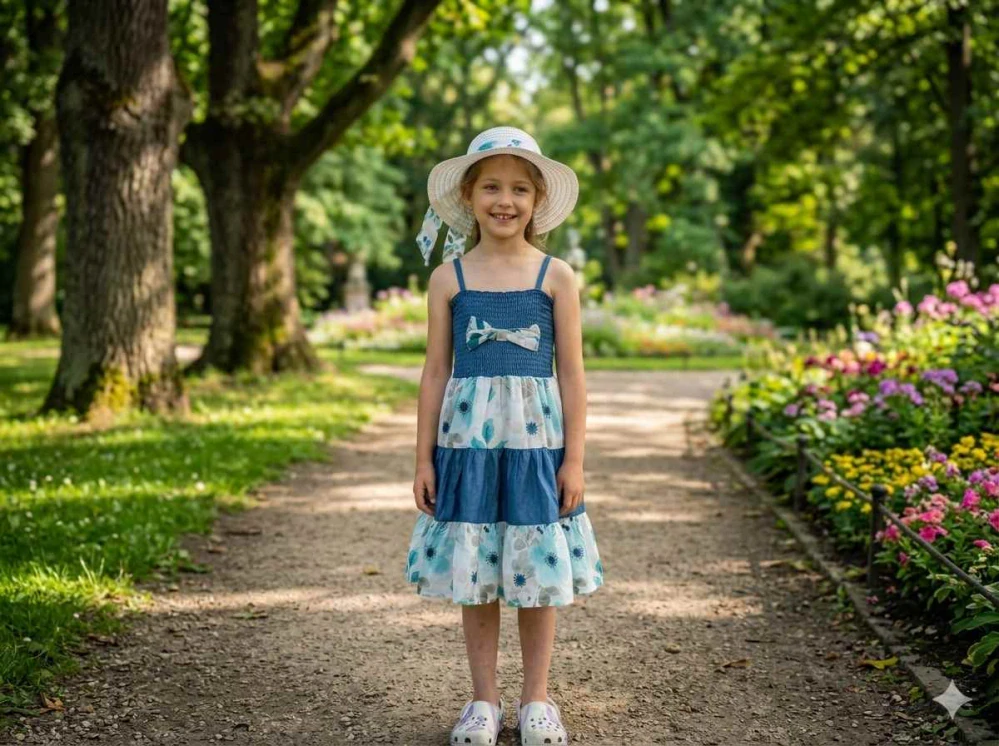 Letní dívčí šaty na ramínka Kugo DS9445 modré s modrými květy