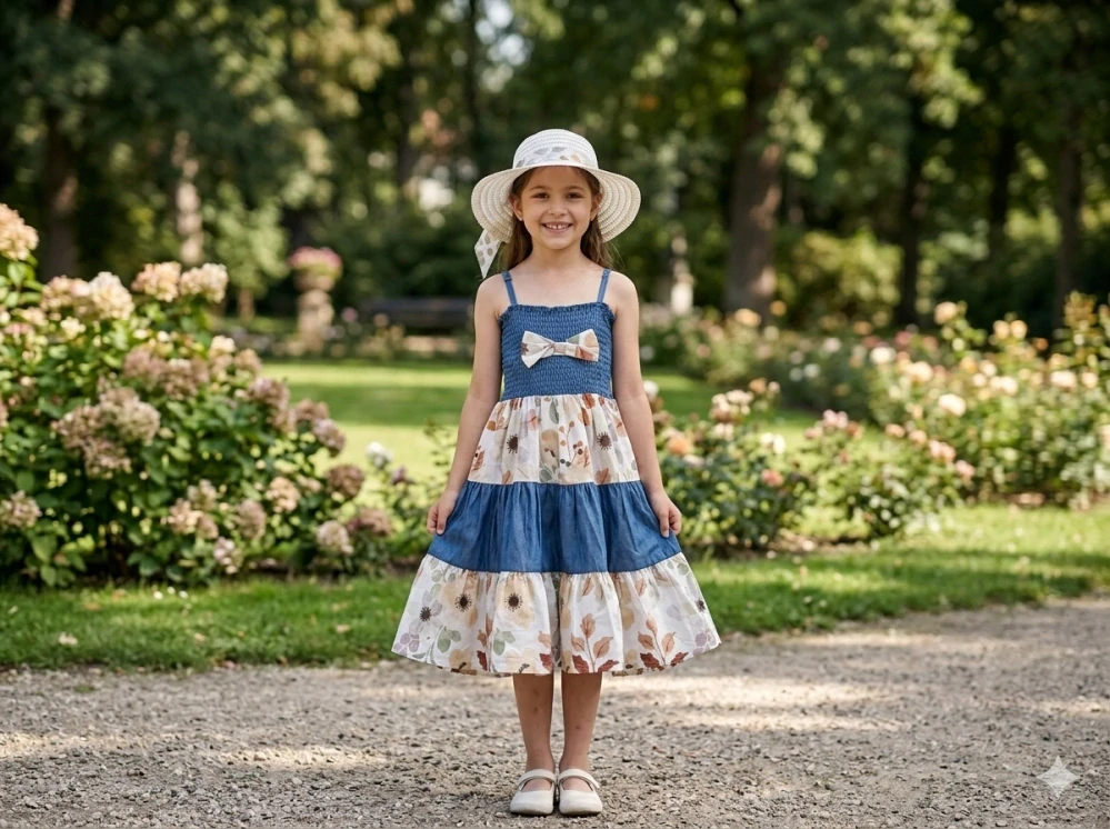 Letní dívčí šaty na ramínka Kugo DS9445 modré s béžovými květy