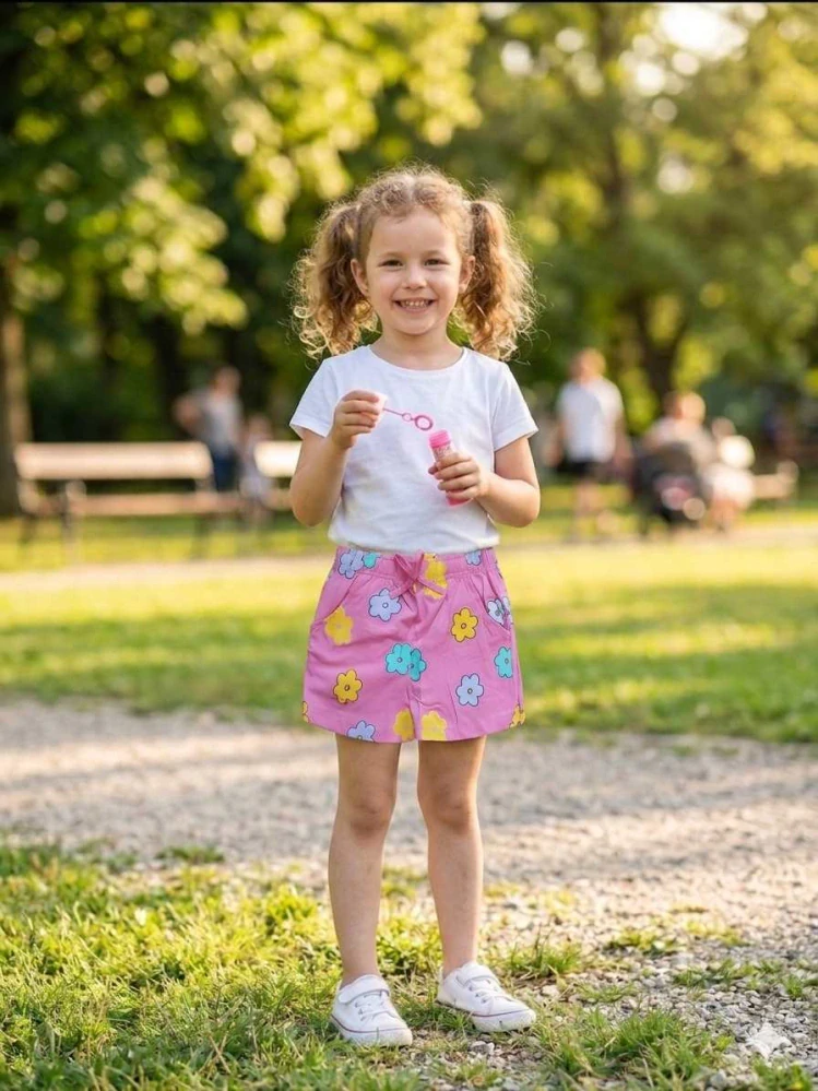 Veselé dívčí kraťasy Kugo SL3569 tmavší růžové s květinami