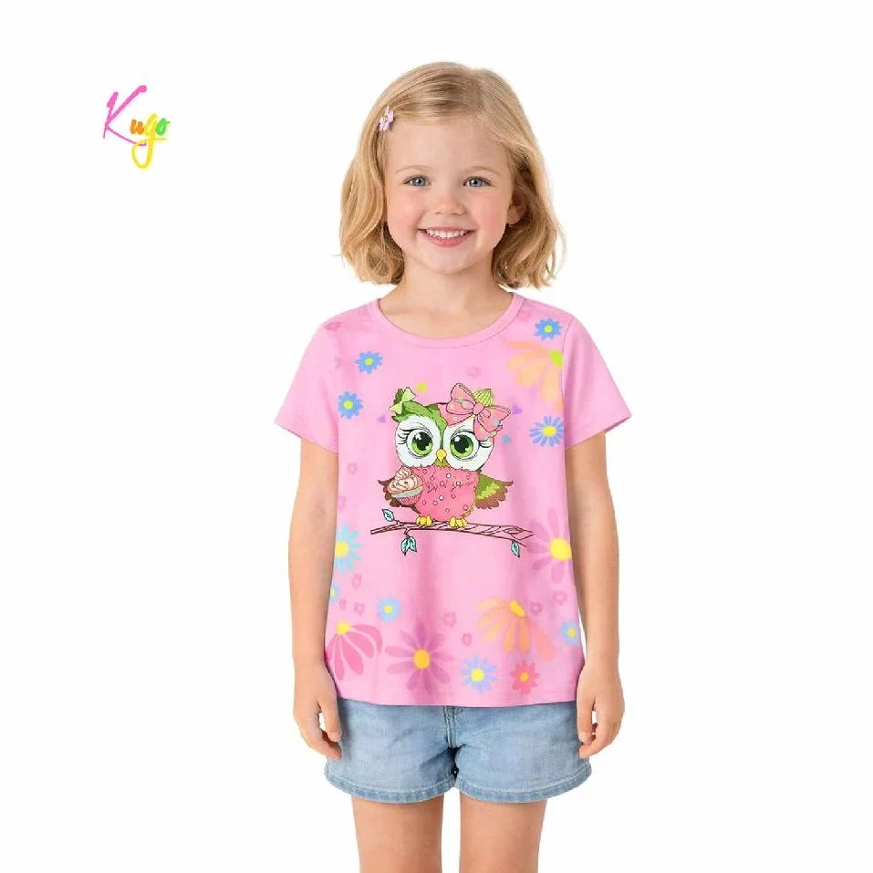 Dívčí tričko krátký rukáv Kugo FC1107 tmavší růžové se sovičkou