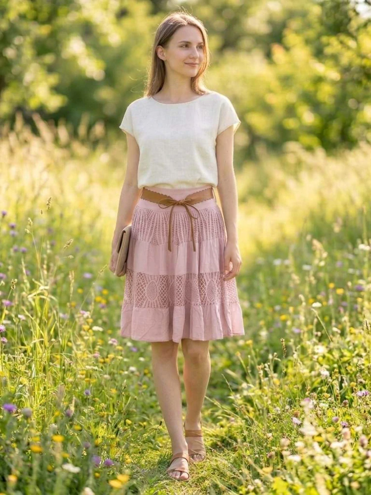 Dámská krajková sukně BOHO ke kolenům růžová