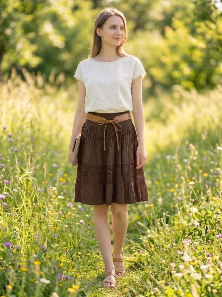 Dámská krajková sukně BOHO ke kolenům čokoládová