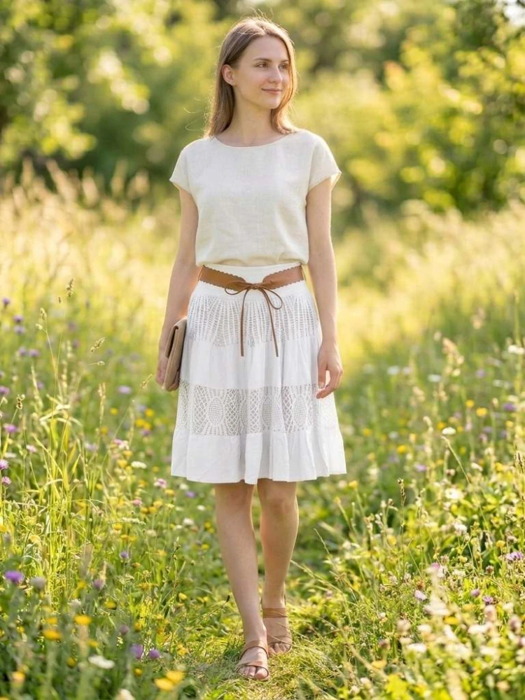 Dámská krajková sukně BOHO ke kolenům bílá