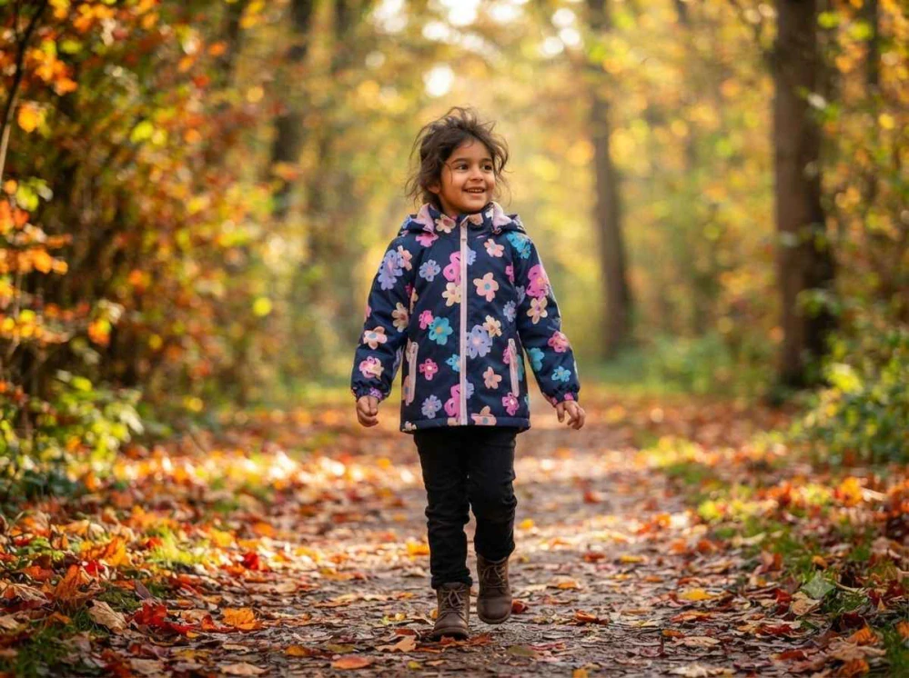 Stylová dívčí bunda zateplená Kugo B3003 modrá s květinami