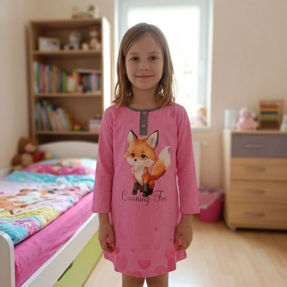 Dívčí noční košile dlouhý rukáv Kugo MP6569 růžová s liškou