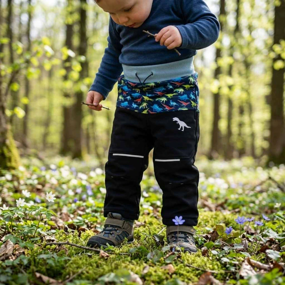 Dětské softshellové kalhoty s fleecem Kugo HK5861 černé s dinosaury