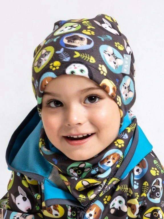 Unuo Fleecová čepice kočka a pes kluk