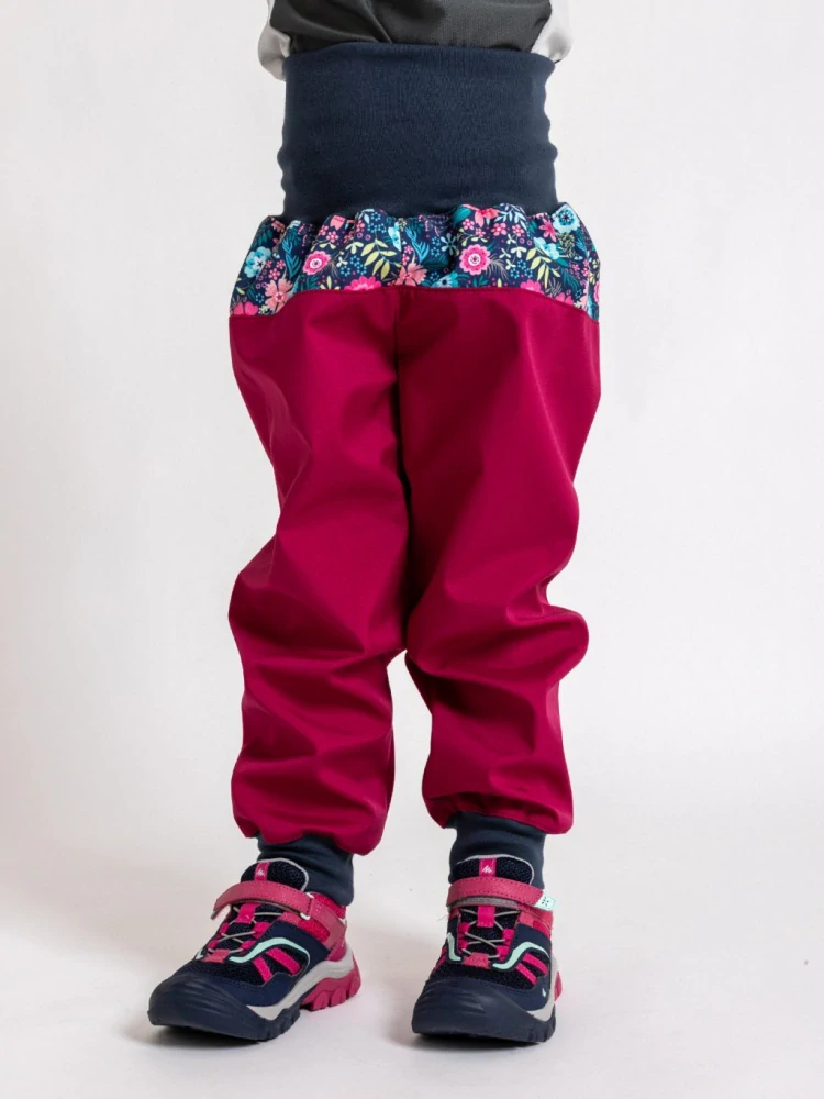 Unuo Batolecí softshellové kalhoty bez zateplení Květinky malinové