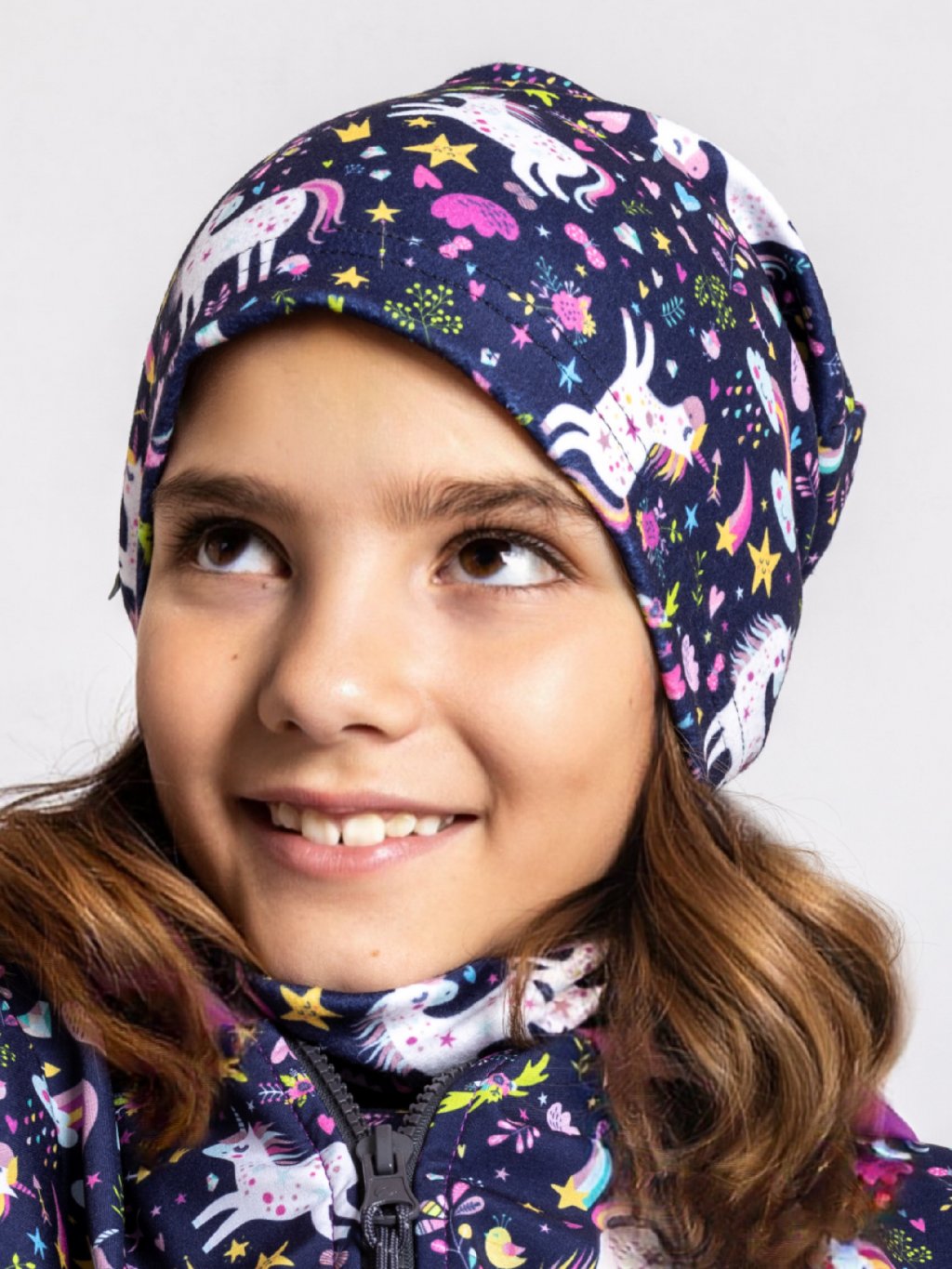 UNUO Dětská fleecová čepice Homeless, jednorožci