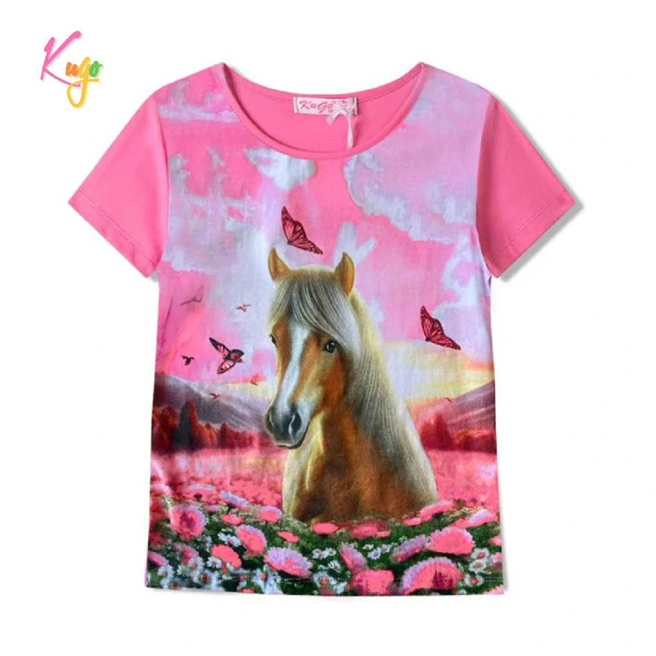 Dívčí tričko krátký rukáv Kugo ST3579 tm. růžové koněm