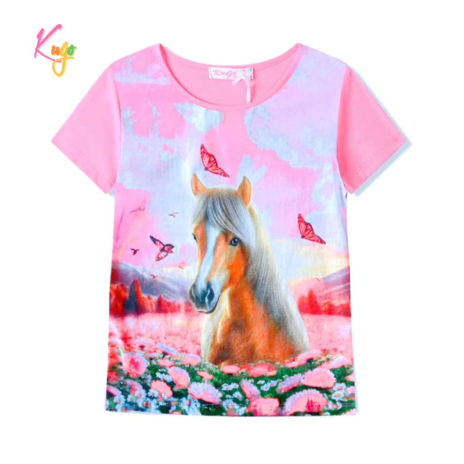 Dívčí tričko krátký rukáv Kugo ST3579 sv. růžové koněm