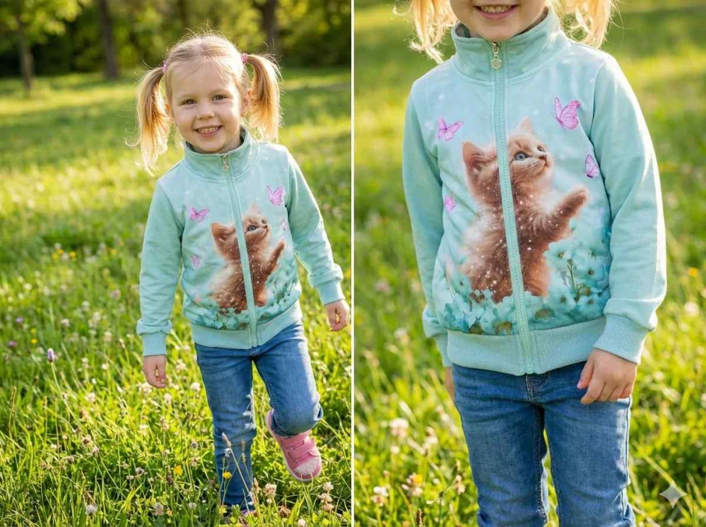 Dívčí mikina Kugo SM3630 zelená s kočičkou