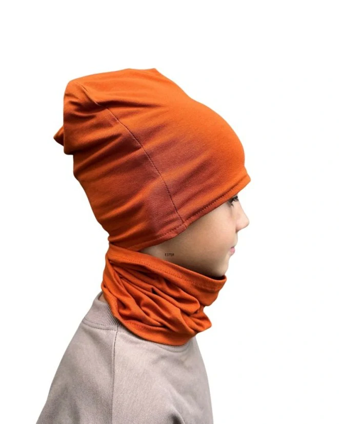 Dětská čepice Jožánek bavlněná, oboustranná + nákrčník - skořicová