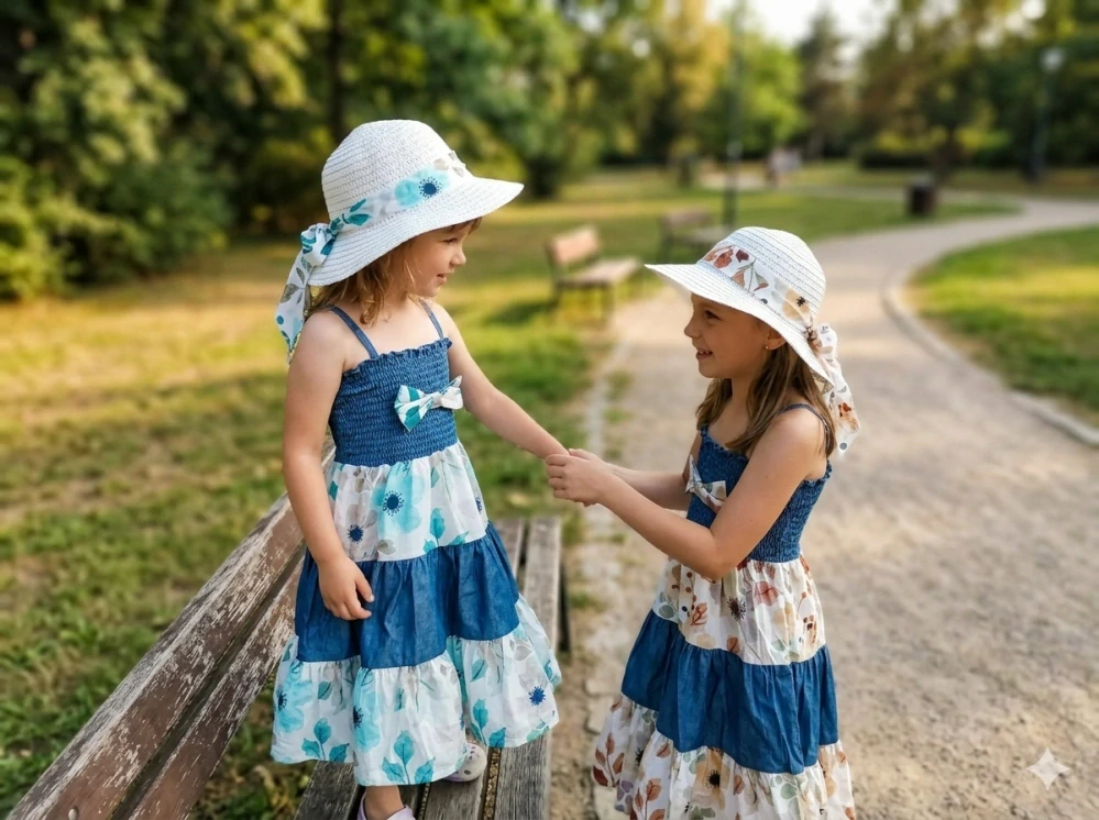 Letní dívčí šaty na ramínka Kugo DS9445 modré s béžovými květy