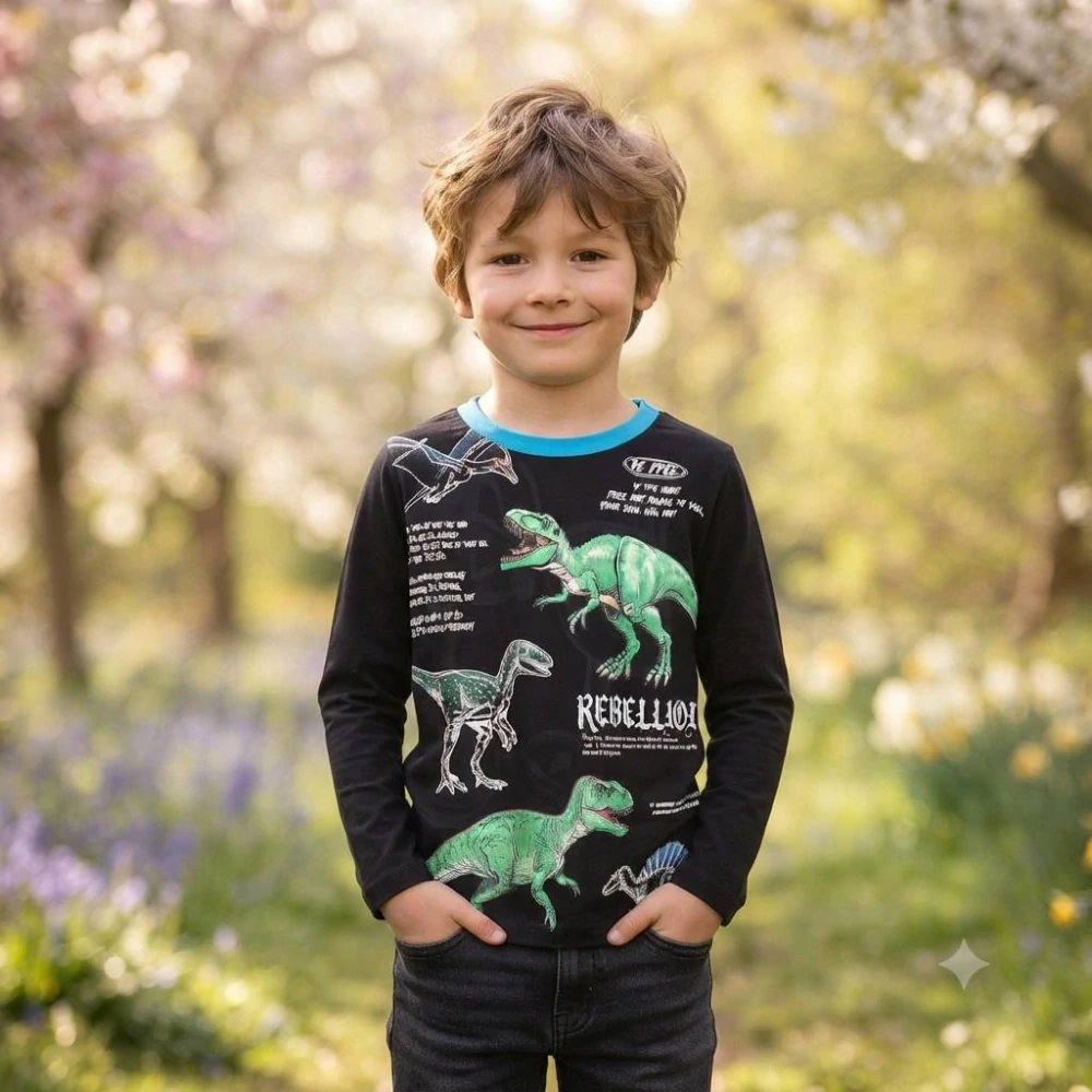 Chlapecké tričko s dinosaury Kugo XC1301 dlouhý rukáv černé