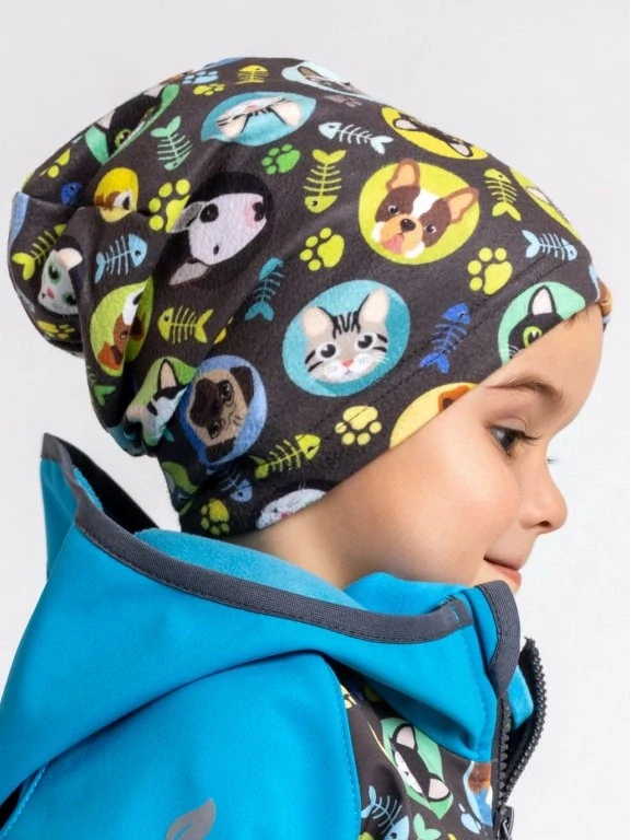 Unuo Fleecová čepice kočka a pes kluk