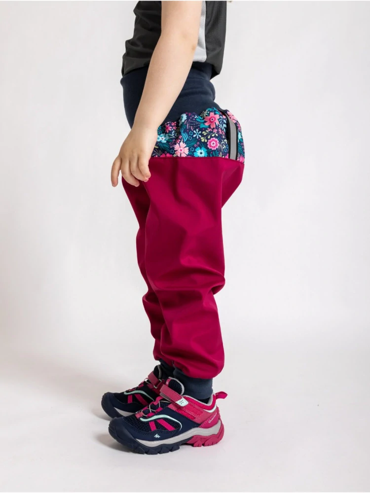 Unuo Batolecí softshellové kalhoty bez zateplení Květinky malinové