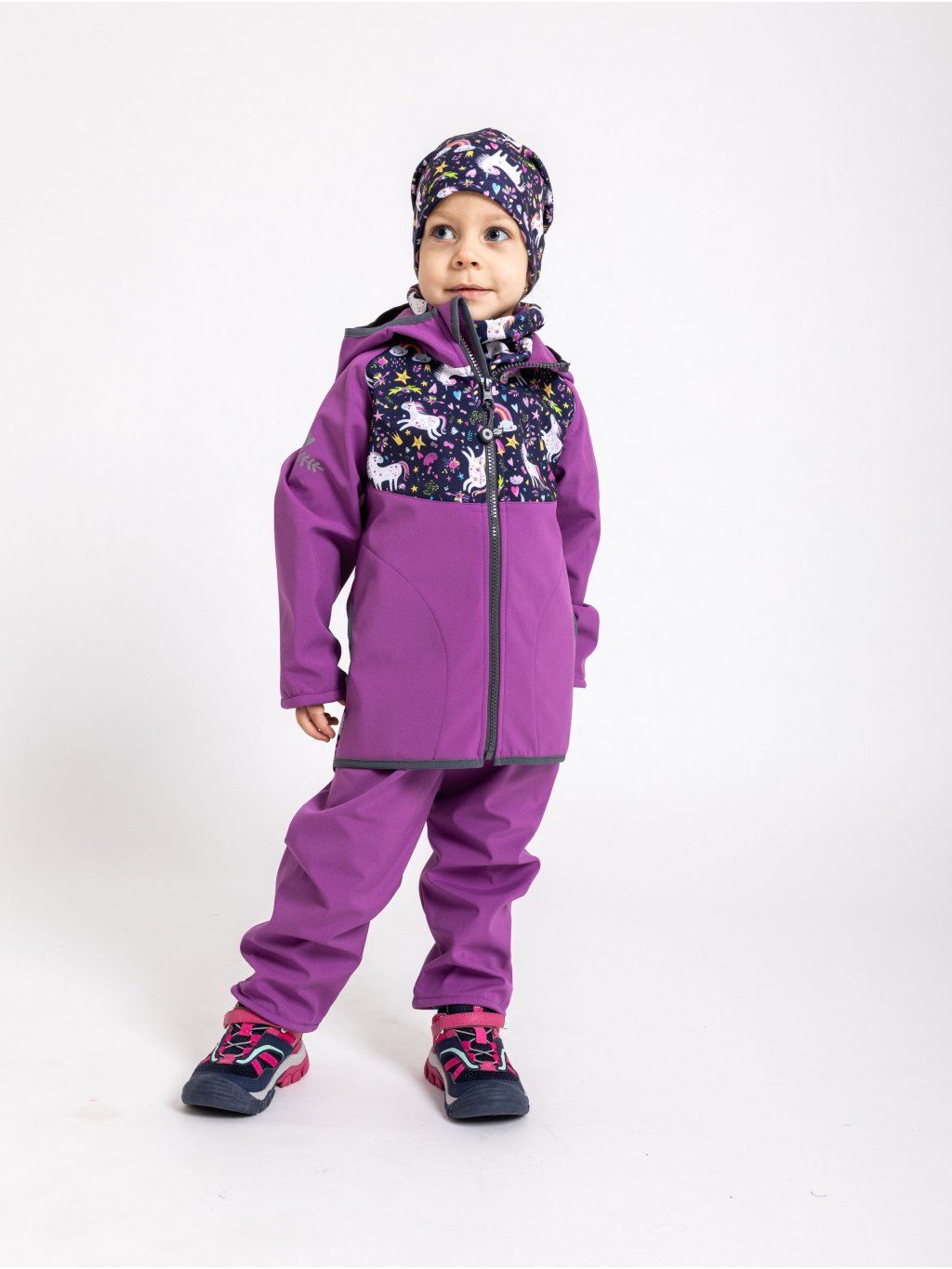 UNUO Batolecí softshellové kalhoty s fleecem Basic, ostružinová jednorožci
