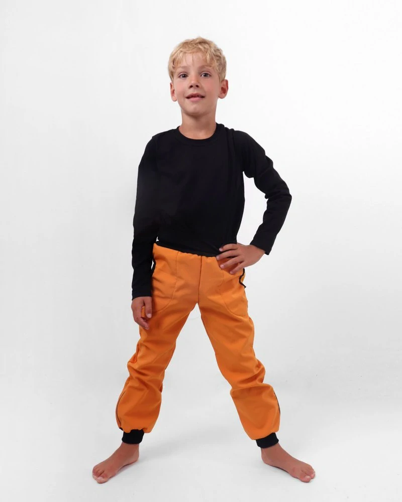Jožánek Dětské softshellové kalhoty s regulací pasu, oranžové