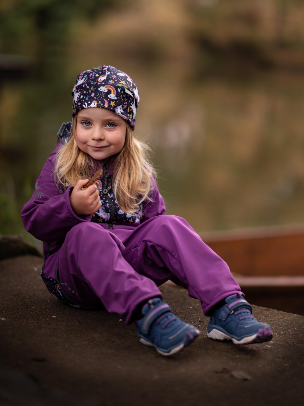 UNUO Batolecí softshellové kalhoty s fleecem Basic, ostružinová jednorožci