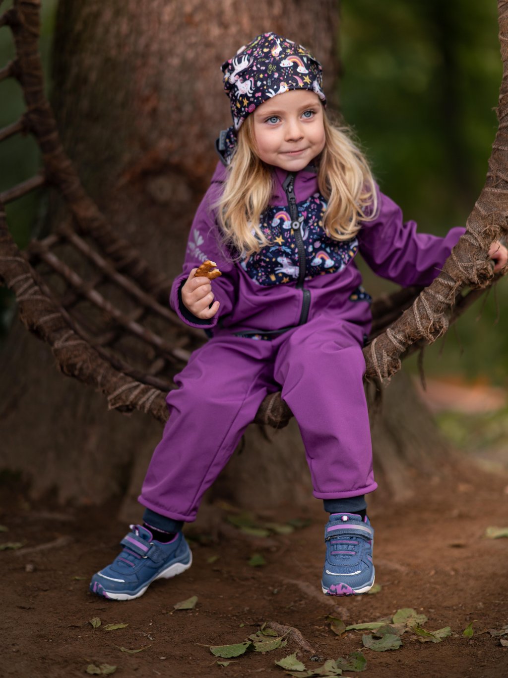 UNUO Batolecí softshellové kalhoty s fleecem Basic, ostružinová jednorožci