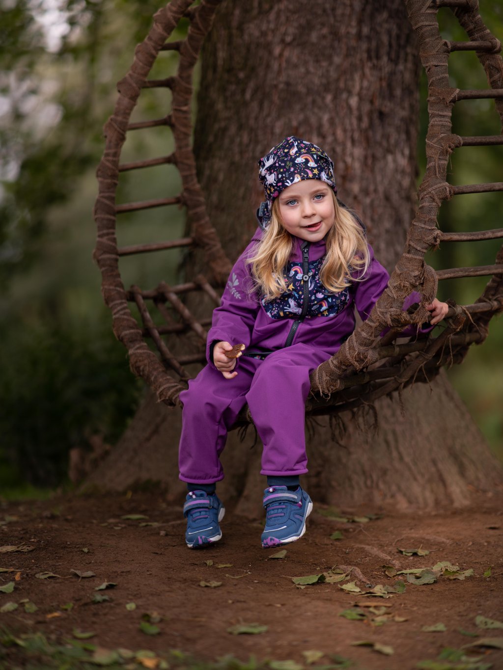 UNUO Batolecí softshellové kalhoty s fleecem Basic, ostružinová jednorožci