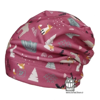 Flísová čepice Dráče Yetti - vzor 11 - růžová - lesní zvířátka