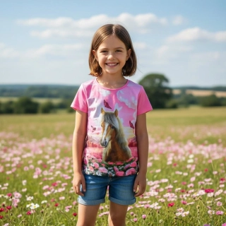 Dívčí tričko krátký rukáv Kugo ST3579 tm. růžové s koněm