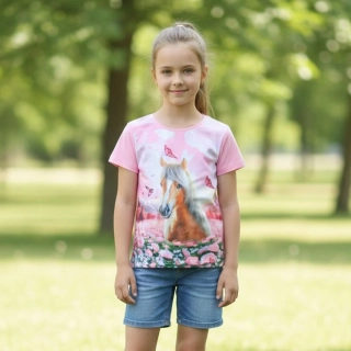 Dívčí tričko krátký rukáv Kugo ST3579 sv. růžové s koněm