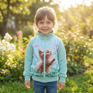 Dívčí mikina Kugo SM3630 zelená s kočičkou