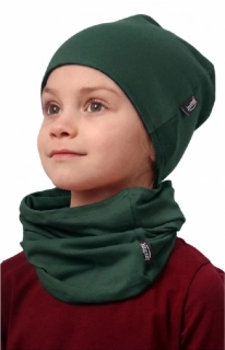 Dětská čepice Jožánek bavlněná, oboustranná + nákrčník - lahvově zelená