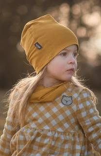 Dětská čepice Jožánek bavlněná, oboustranná + nákrčník - hořčicová