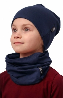 Dětská čepice Jožánek bavlněná, oboustranná + nákrčník - tmavě modrá