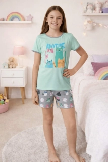 Dívčí letní pyžamo Kugo MP5877 zeleno-šedé s kočkami