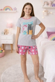 Dívčí letní pyžamo Kugo MP5877 šedo-růžové s kočkami