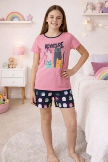 Dívčí letní pyžamo Kugo MP5877 růžovo-modré s kočkami