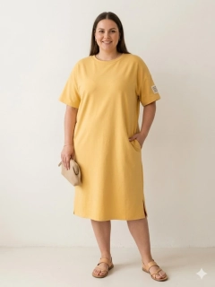 Dámské Plus size šaty s kapsami máslové krátký rukáv žluté