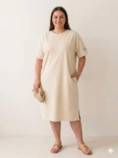 Dámské Plus size šaty s kapsami máslové krátký rukáv smetanové