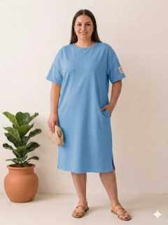 Dámské Plus size šaty s kapsami máslové krátký rukáv modré