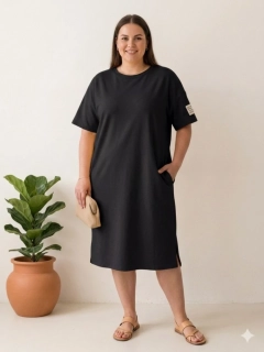 Dámské Plus size šaty s kapsami máslové krátký rukáv černé