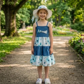 Letní dívčí šaty na ramínka Kugo DS9445 modré s modrými květy