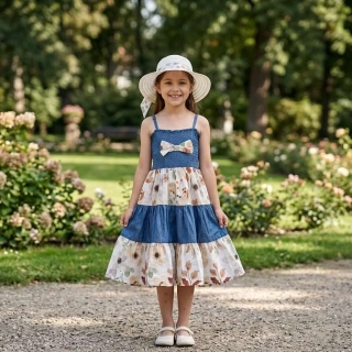 Letní dívčí šaty na ramínka Kugo DS9445 modré s béžovými květy