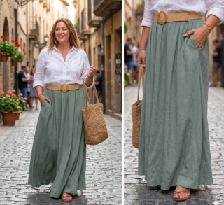 Dlouhá viskózová sukně s kapsami a elastickým páskem khaki
