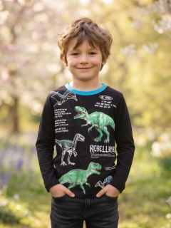 Chlapecké tričko s dinosaury Kugo XC1301 dlouhý rukáv černé